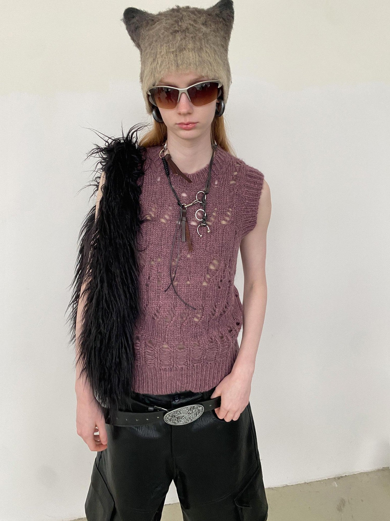 Delivery Heather Purple Openwork Cable Crew Neck Women&
