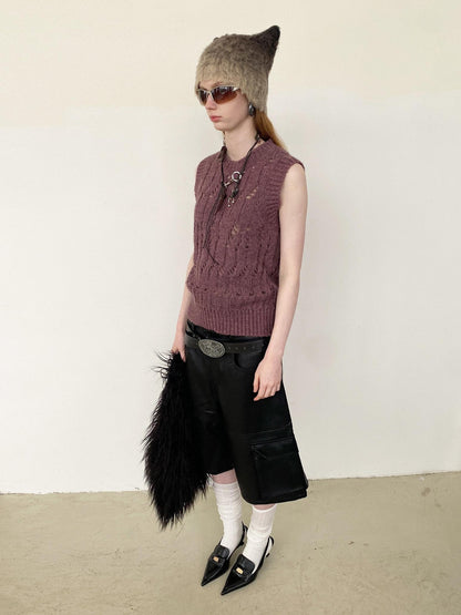 Delivery Heather Purple Openwork Cable Crew Neck Women&