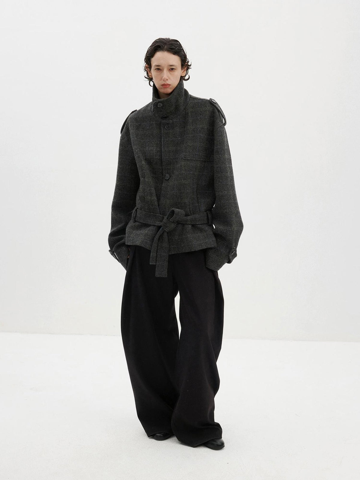 Delivery Herringbone Stand Collar Belted Cropped 100 Percent Wool Women&