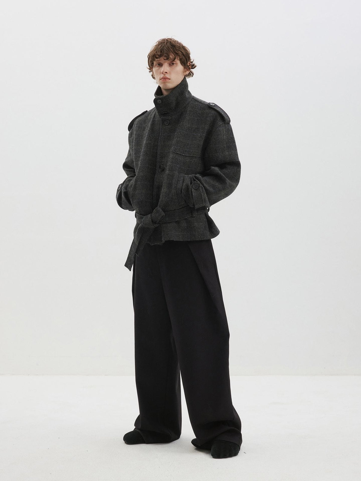 Delivery Herringbone Stand Collar Belted Cropped 100 Percent Wool Women&