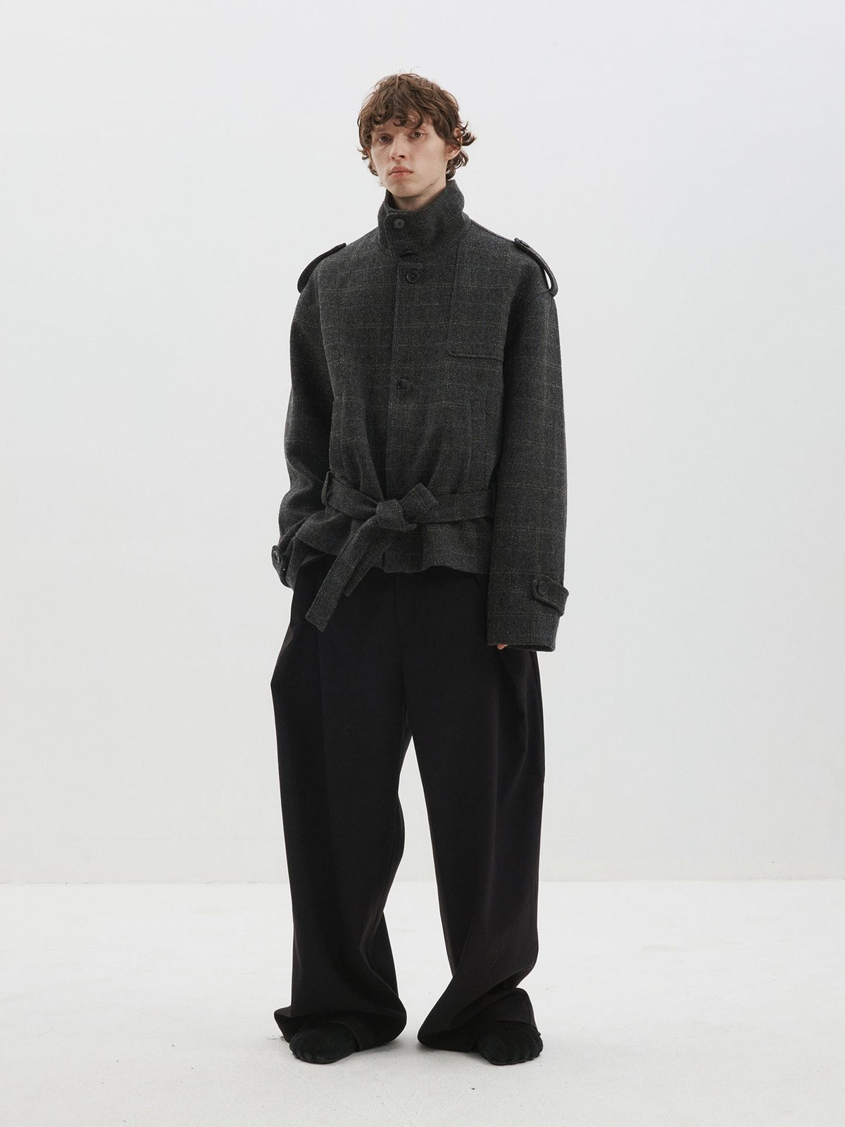 Delivery Herringbone Stand Collar Belted Cropped 100 Percent Wool Women&
