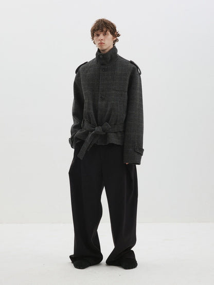 Delivery Herringbone Stand Collar Belted Cropped 100 Percent Wool Women&