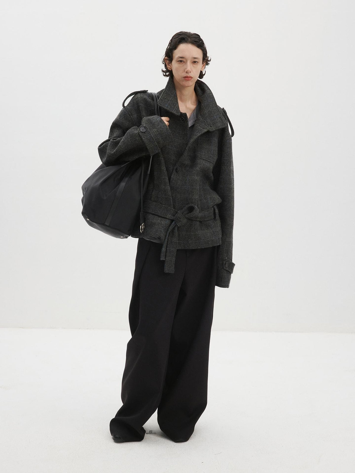 Delivery Herringbone Stand Collar Belted Cropped 100 Percent Wool Women&
