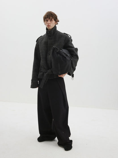 Delivery Herringbone Stand Collar Belted Cropped 100 Percent Wool Women&