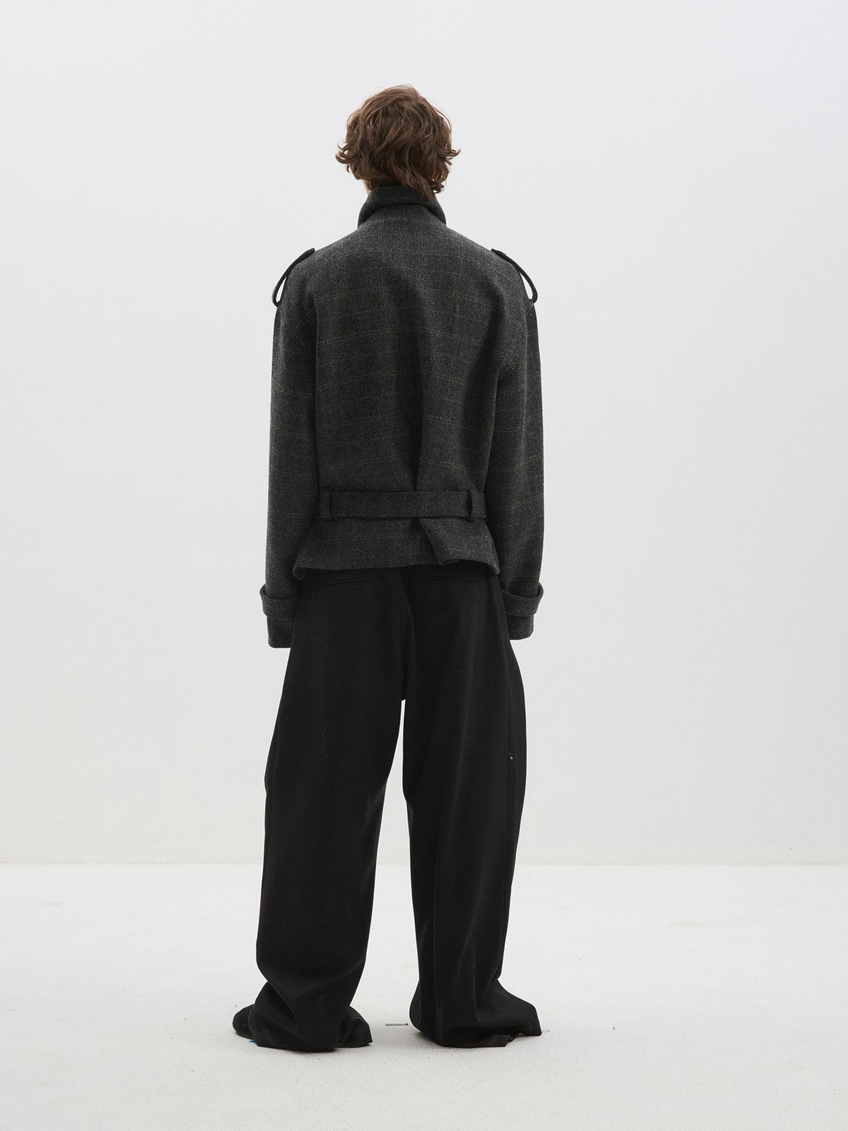 Delivery Herringbone Stand Collar Belted Cropped 100 Percent Wool Women&