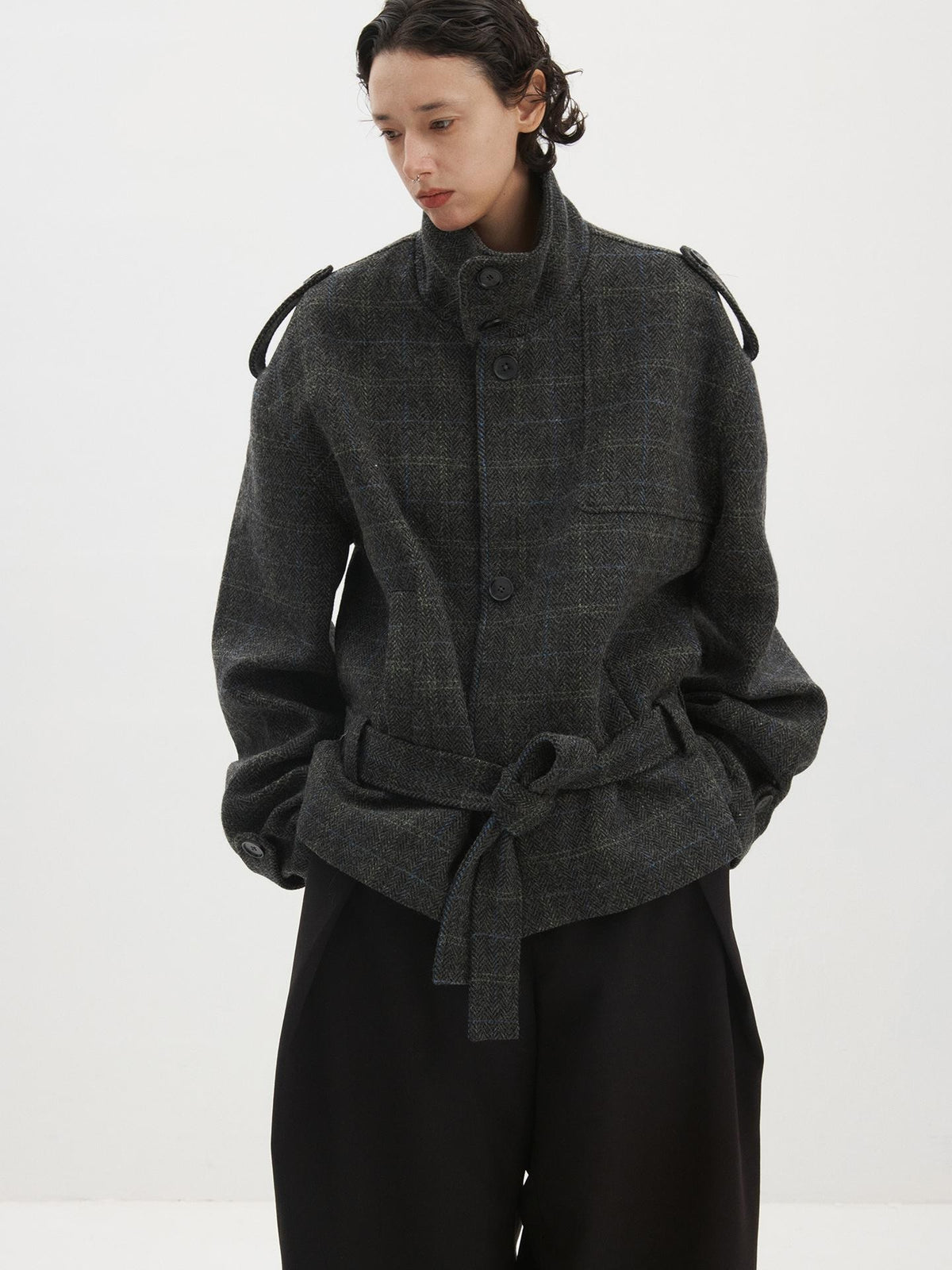 Delivery Herringbone Stand Collar Belted Cropped 100 Percent Wool Women&