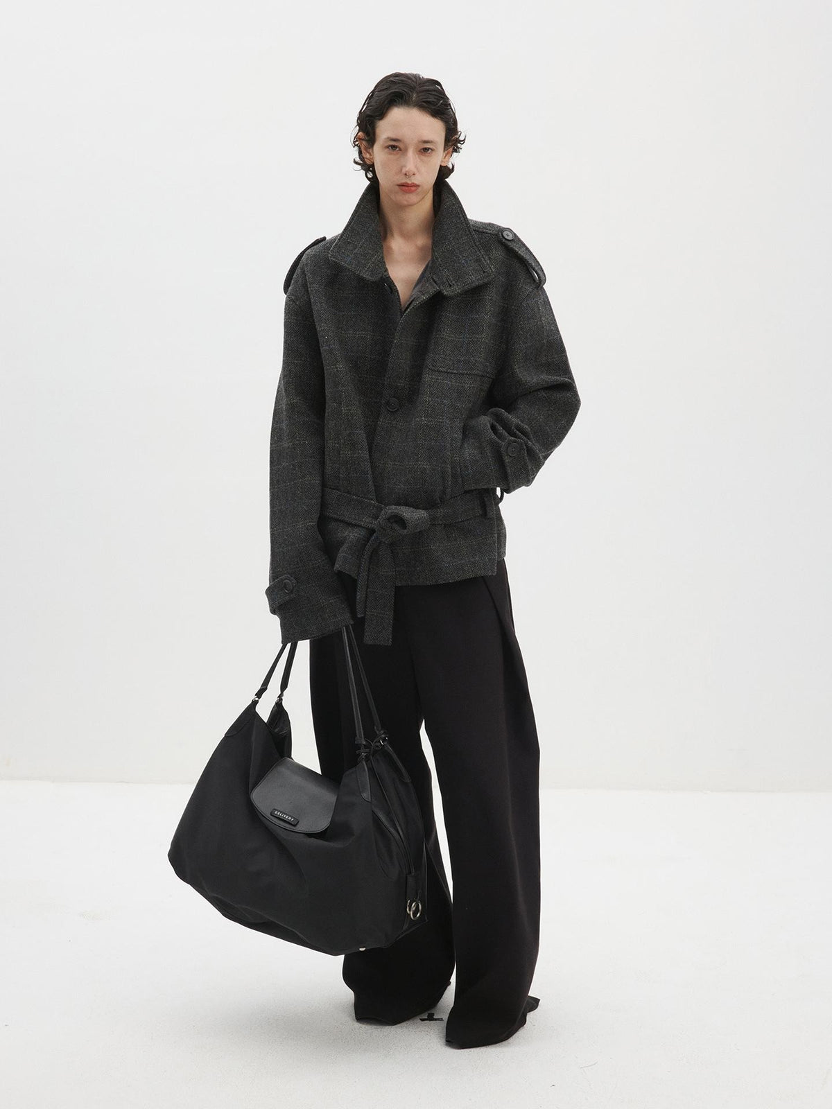 Delivery Herringbone Stand Collar Belted Cropped 100 Percent Wool Women&
