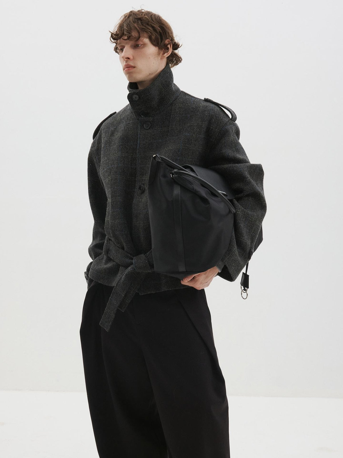 Delivery Herringbone Stand Collar Belted Cropped 100 Percent Wool Women&