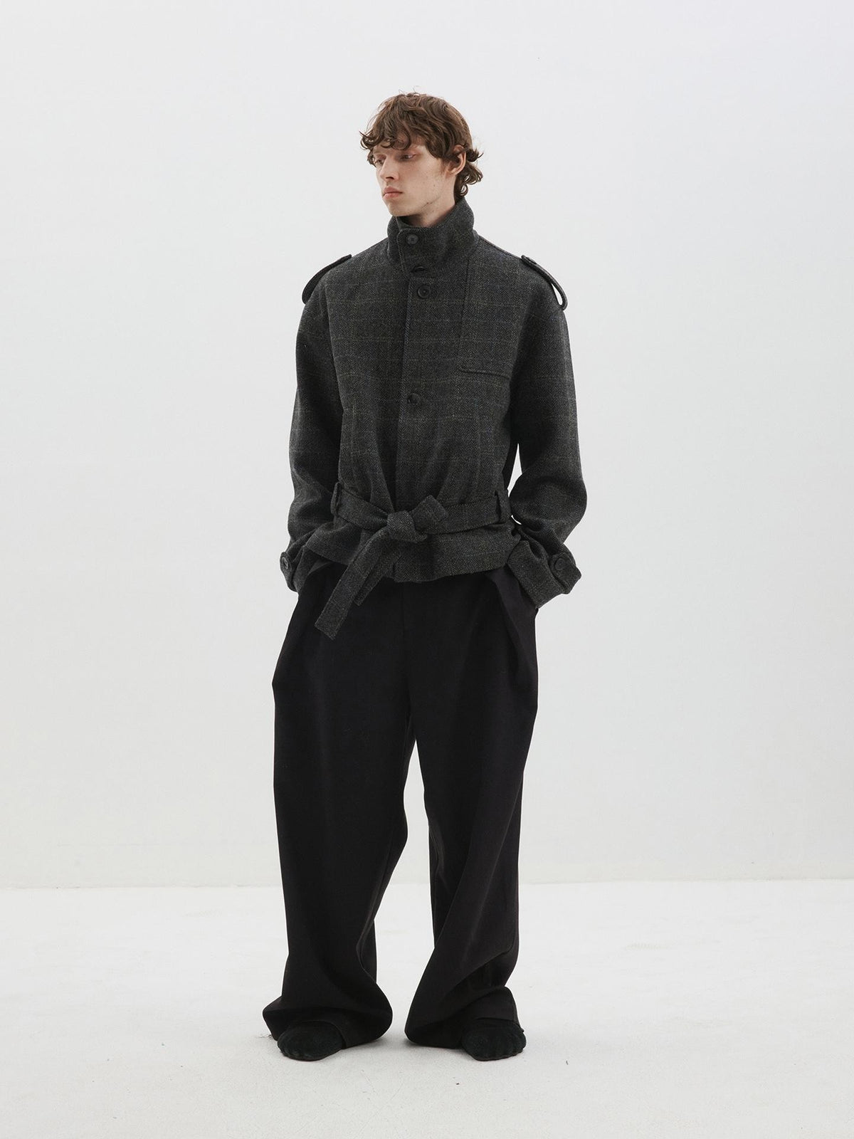 Delivery Herringbone Stand Collar Belted Cropped 100 Percent Wool Women&