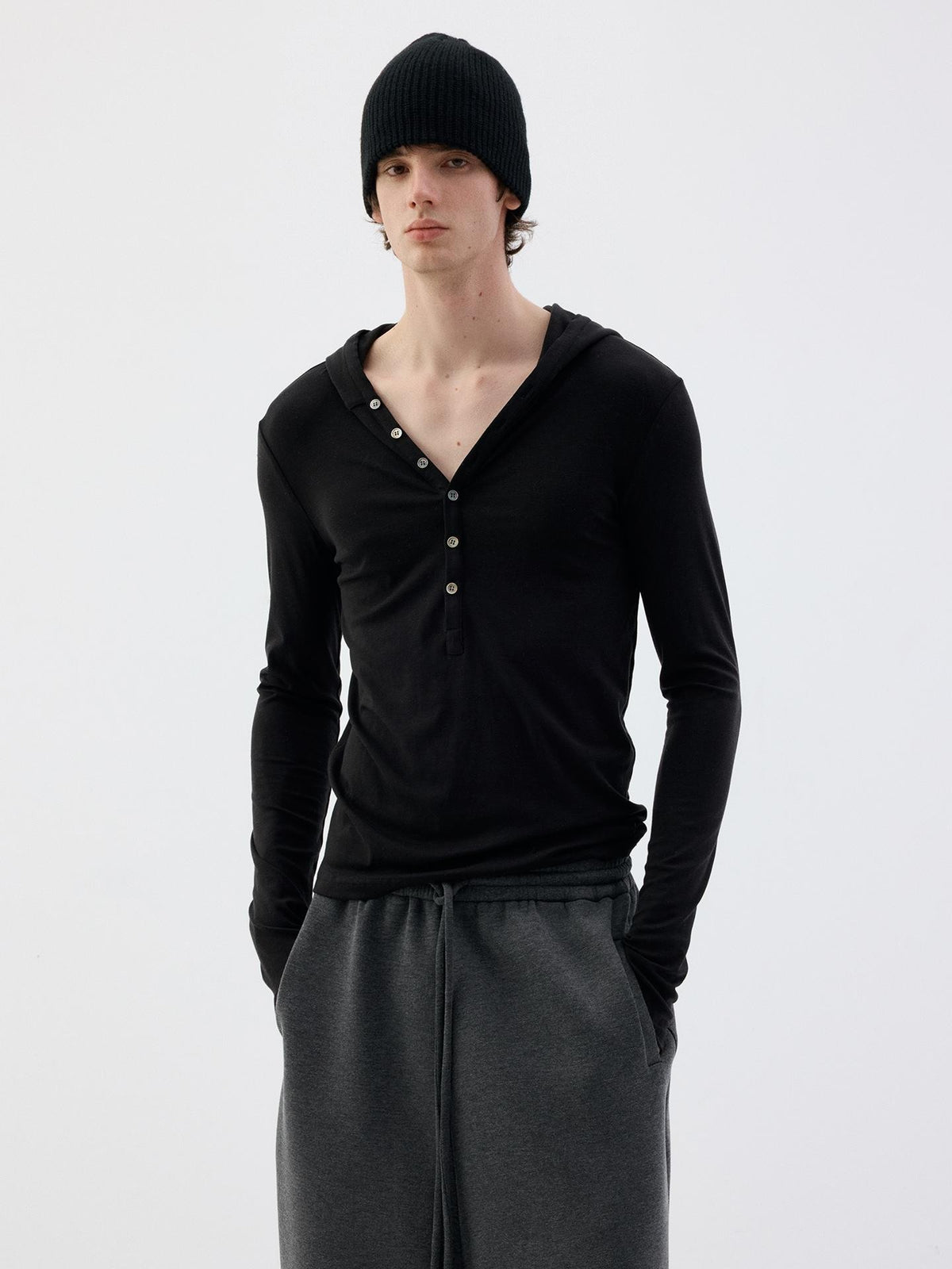 Delivery Hooded Half Button Henley Tencel Wool Women&