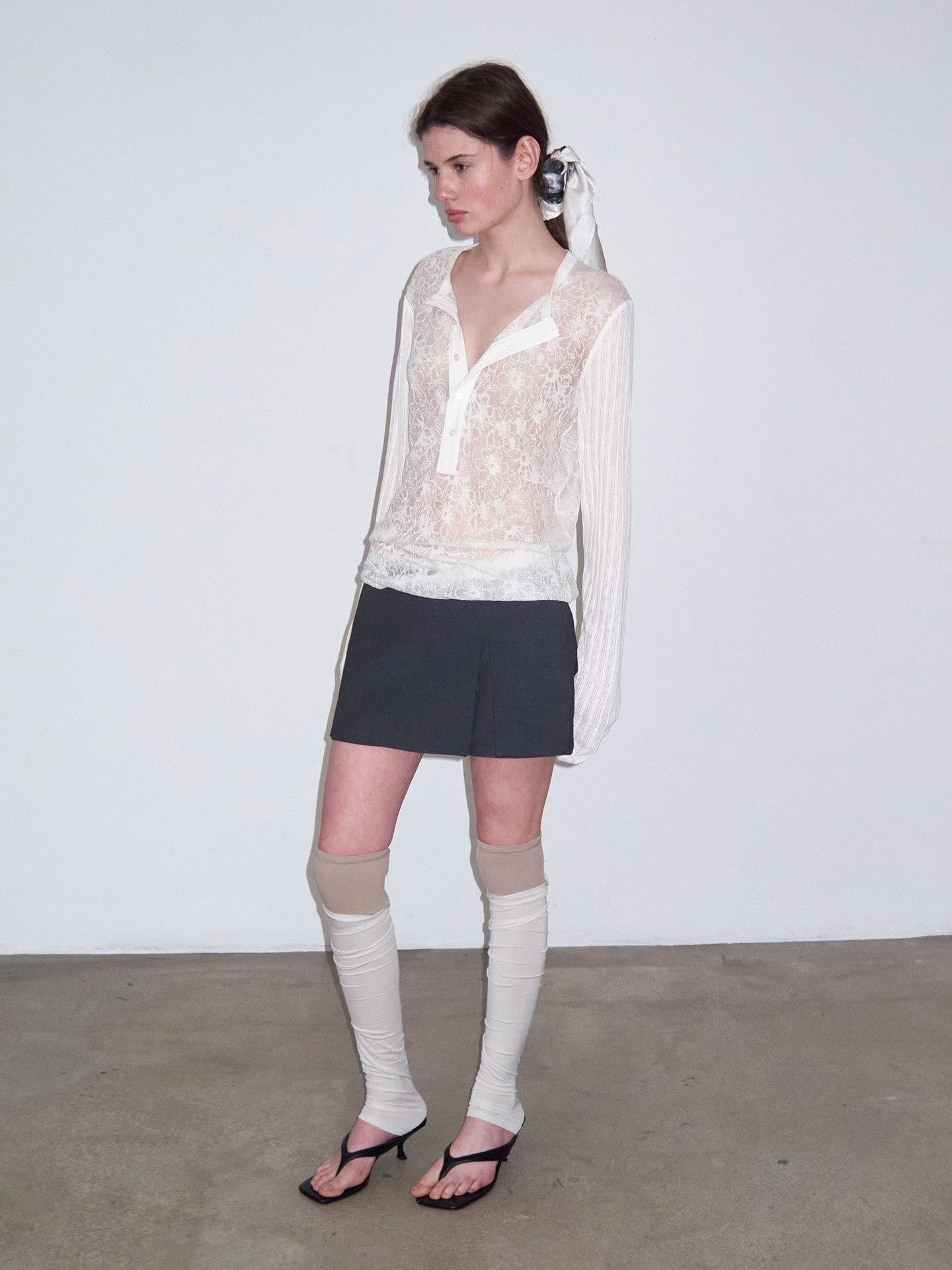 Delivery Ivory Sheer Lace Jacquard Striped Henley Women&