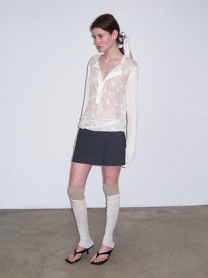 Delivery Ivory Sheer Lace Jacquard Striped Henley Women&
