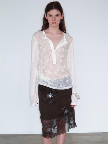 Delivery Ivory Sheer Lace Jacquard Striped Henley Women&