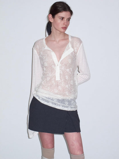 Delivery Ivory Sheer Lace Jacquard Striped Henley Women&