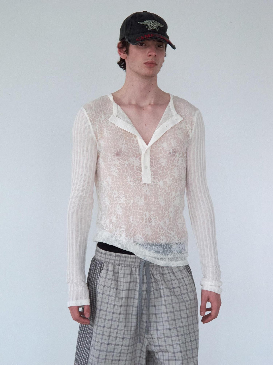 Delivery Ivory Sheer Lace Jacquard Striped Henley Women&