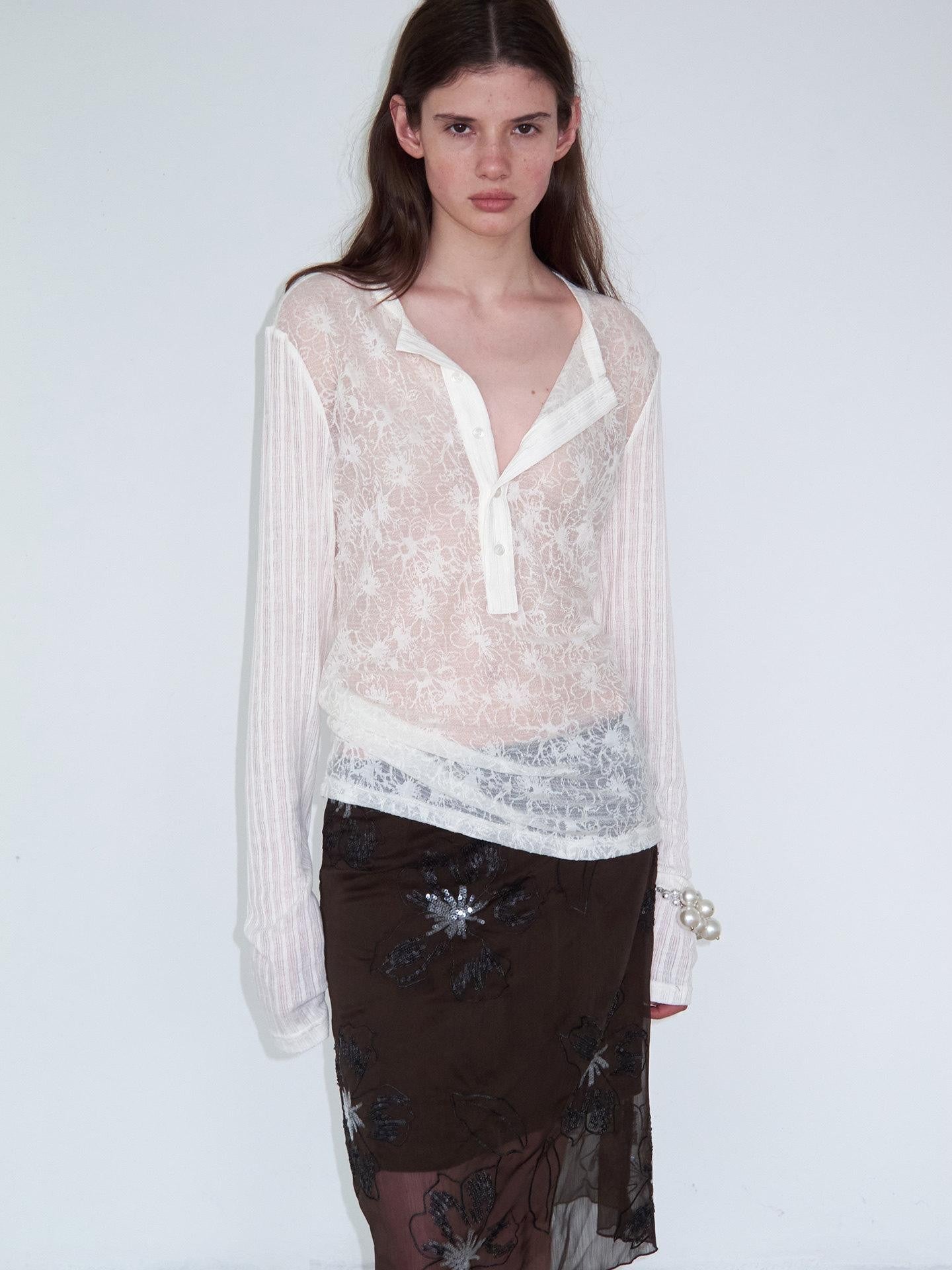 Delivery Ivory Sheer Lace Jacquard Striped Henley Women&