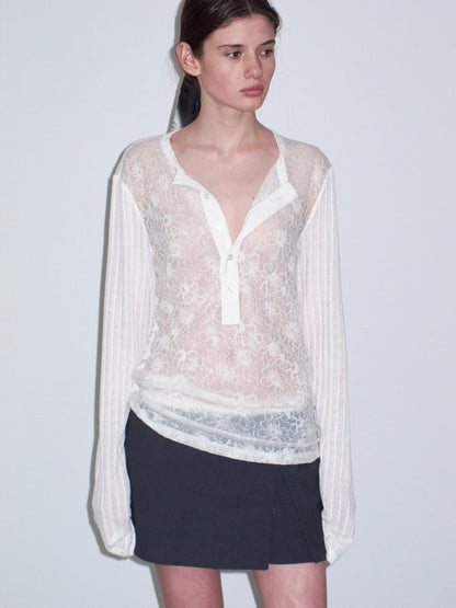 Delivery Ivory Sheer Lace Jacquard Striped Henley Women&