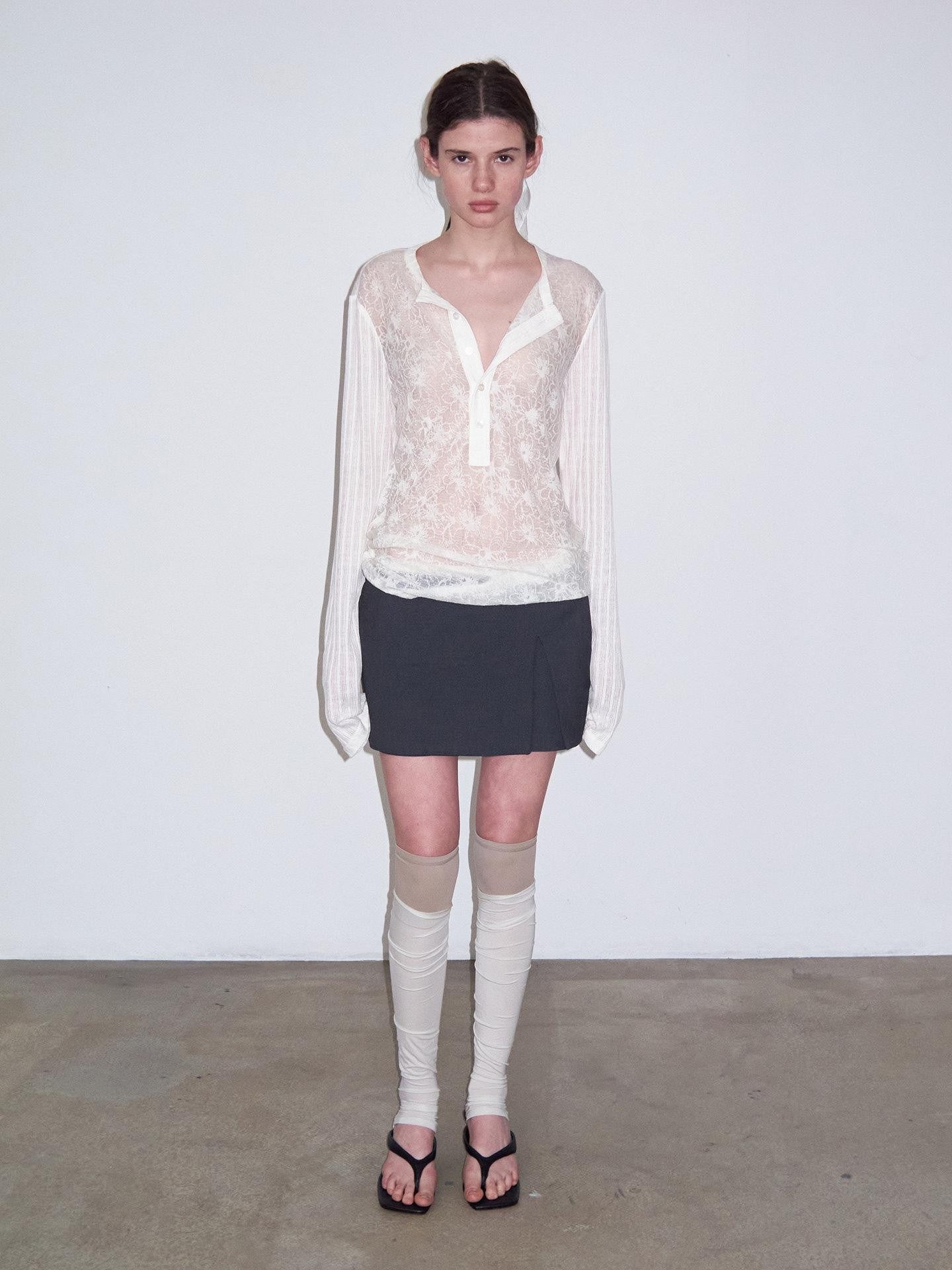 Delivery Ivory Sheer Lace Jacquard Striped Henley Women&