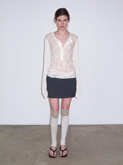 Delivery Ivory Sheer Lace Jacquard Striped Henley Women&