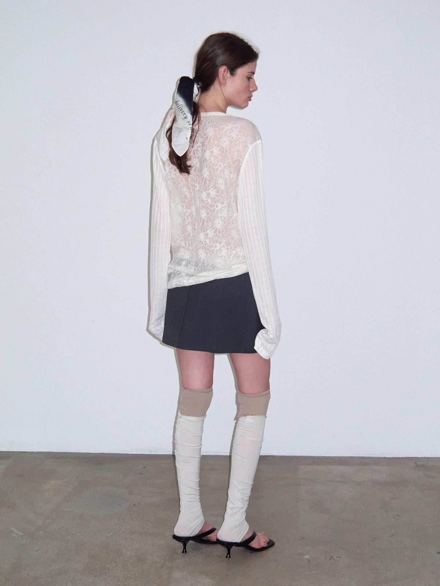 Delivery Ivory Sheer Lace Jacquard Striped Henley Women&