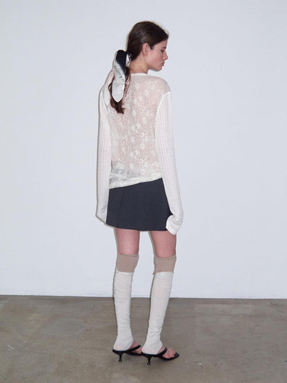 Delivery Ivory Sheer Lace Jacquard Striped Henley Women&
