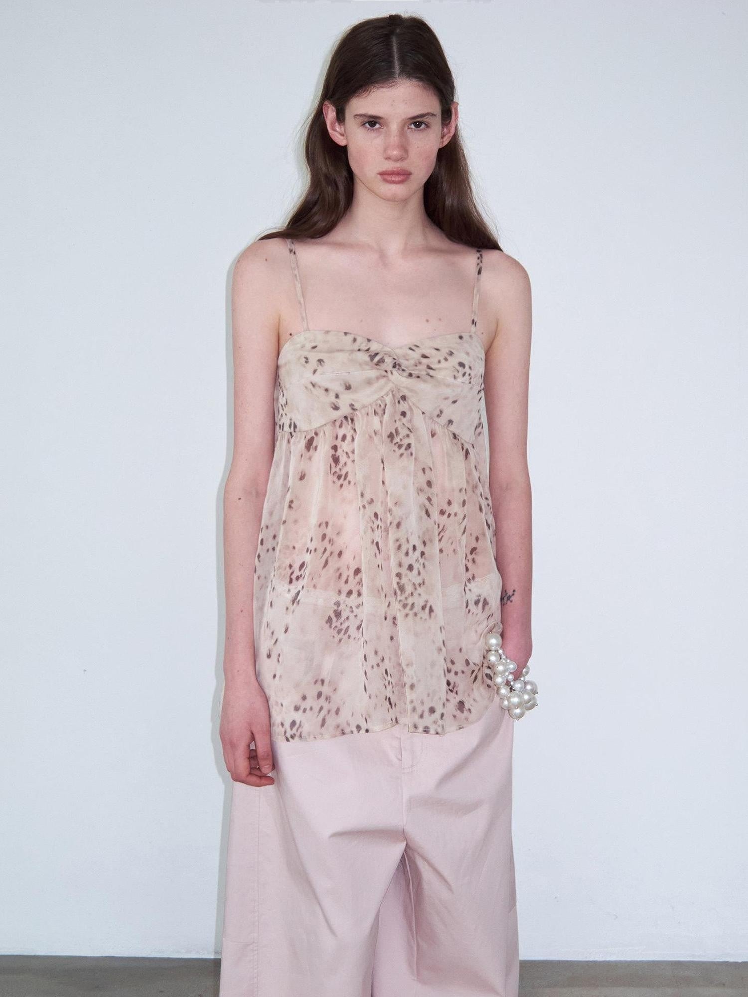 Delivery Khaki Retro Leopard Pleated V-neck Women&