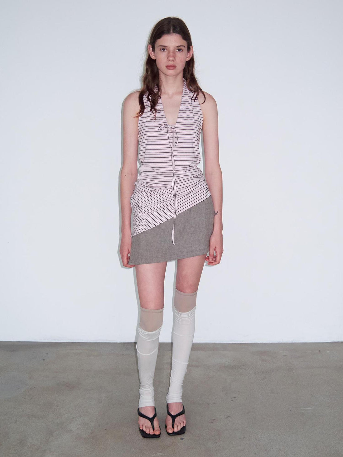 Delivery Knitted Halter Tie Back Top With Sheer Striped Lace Up Detail