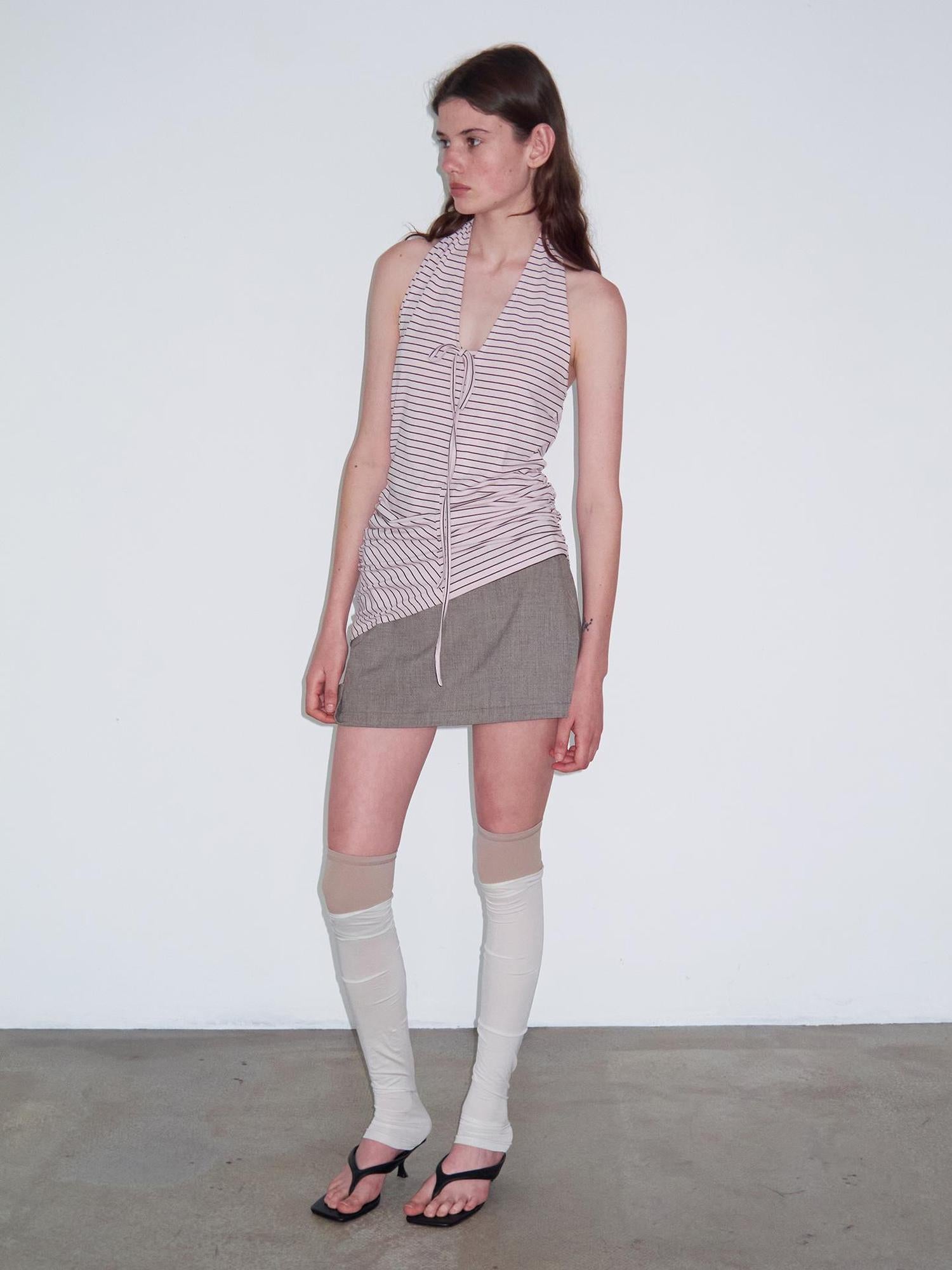 Delivery Knitted Halter Tie Back Top With Sheer Striped Lace Up Detail