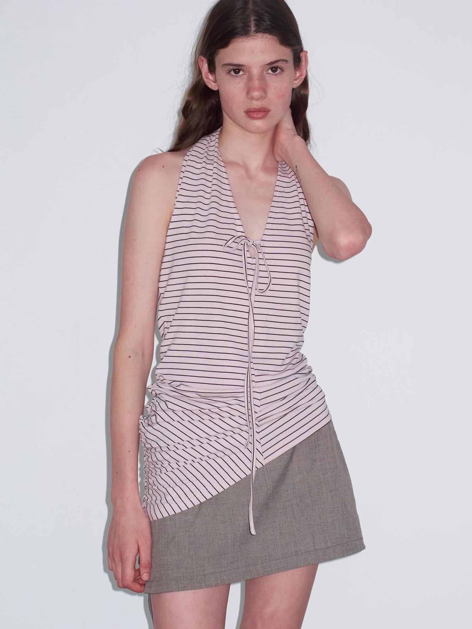 Delivery Knitted Halter Tie Back Top With Sheer Striped Lace Up Detail