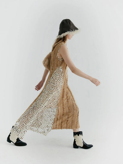 Lace Floral Applique Faux Fur Trim Contrast Sheer Sleeveless V-Neck Dress