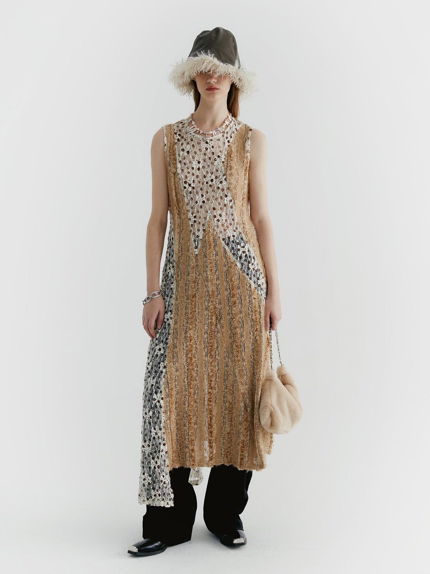 Delivery Lace Floral Applique Faux Fur Trim Contrast Sheer Sleeveless V-Neck Dress