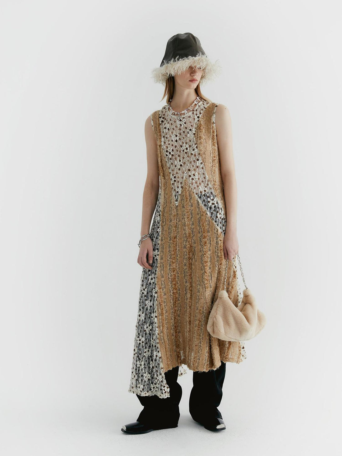 Delivery Lace Floral Applique Faux Fur Trim Contrast Sheer Sleeveless V-Neck Dress