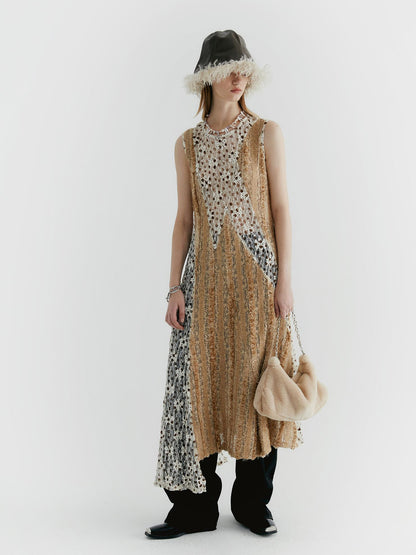 Delivery Lace Floral Applique Faux Fur Trim Contrast Sheer Sleeveless V-Neck Dress
