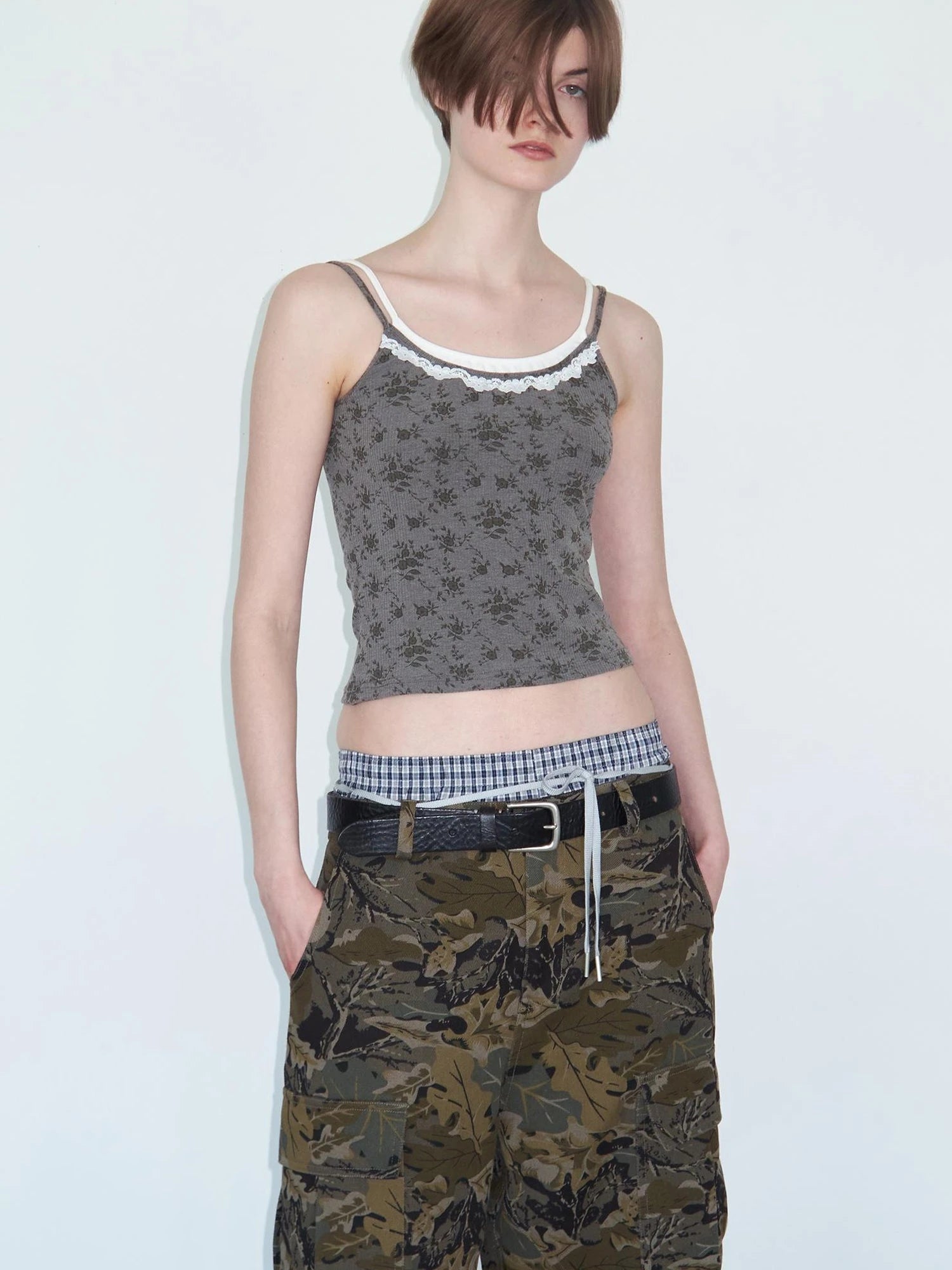 Lace Paneled Knit Camisole With Floral Print