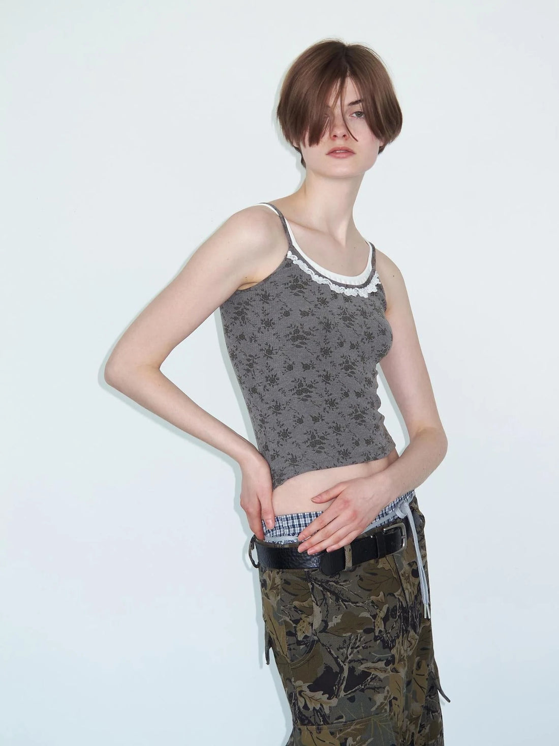 Lace Paneled Knit Camisole With Floral Print