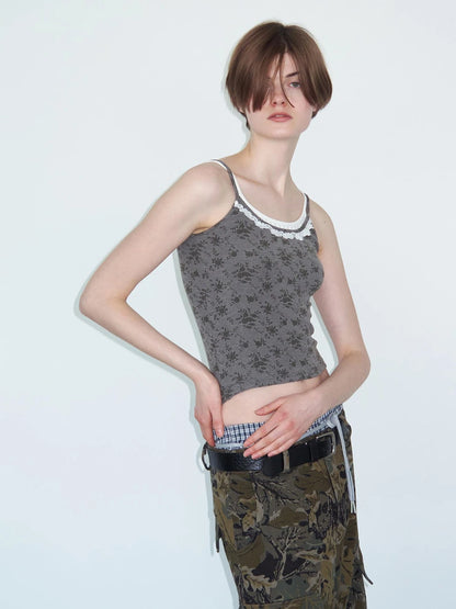 Lace Paneled Knit Camisole With Floral Print