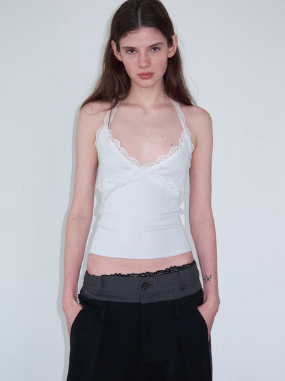 Delivery Lace Trim Backless Spliced V-neck Slim Short Women&