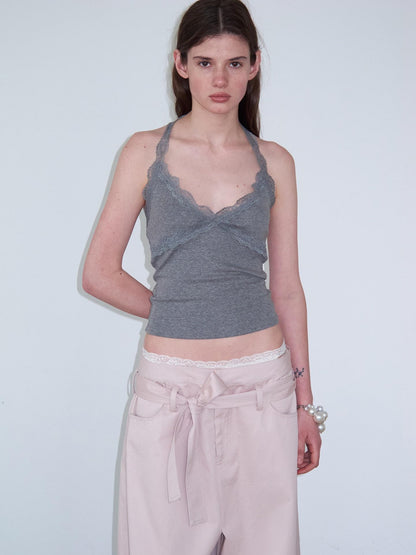 Delivery Lace Trim Backless Spliced V-neck Slim Short Women&