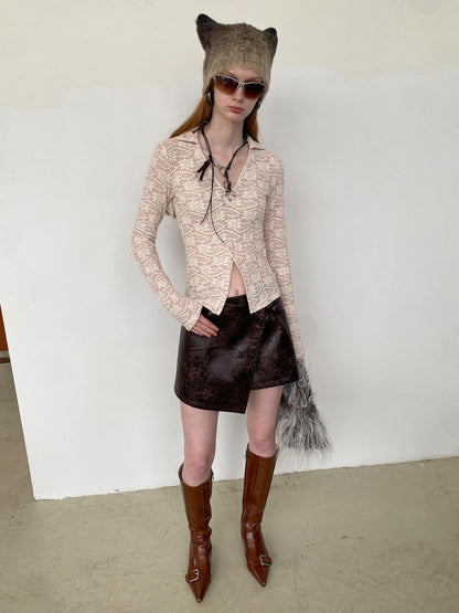 Delivery Lace V-Neck Rib Knit Crop Top with Slit