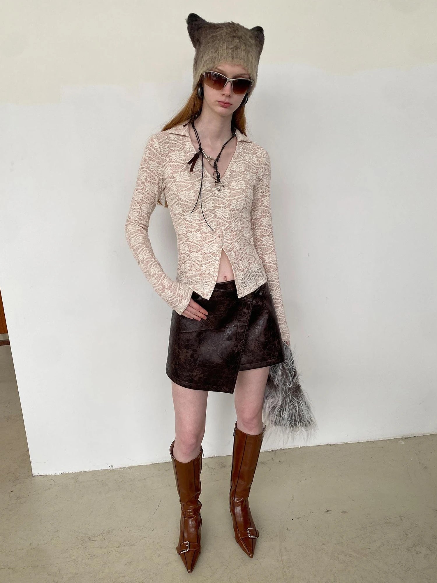 Lace V-Neck Rib Knit Crop Top with Slit