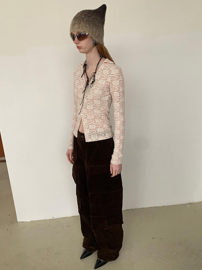 Delivery Lace V-Neck Rib Knit Crop Top with Slit