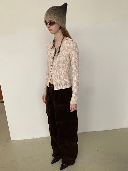 Lace V-Neck Rib Knit Crop Top with Slit