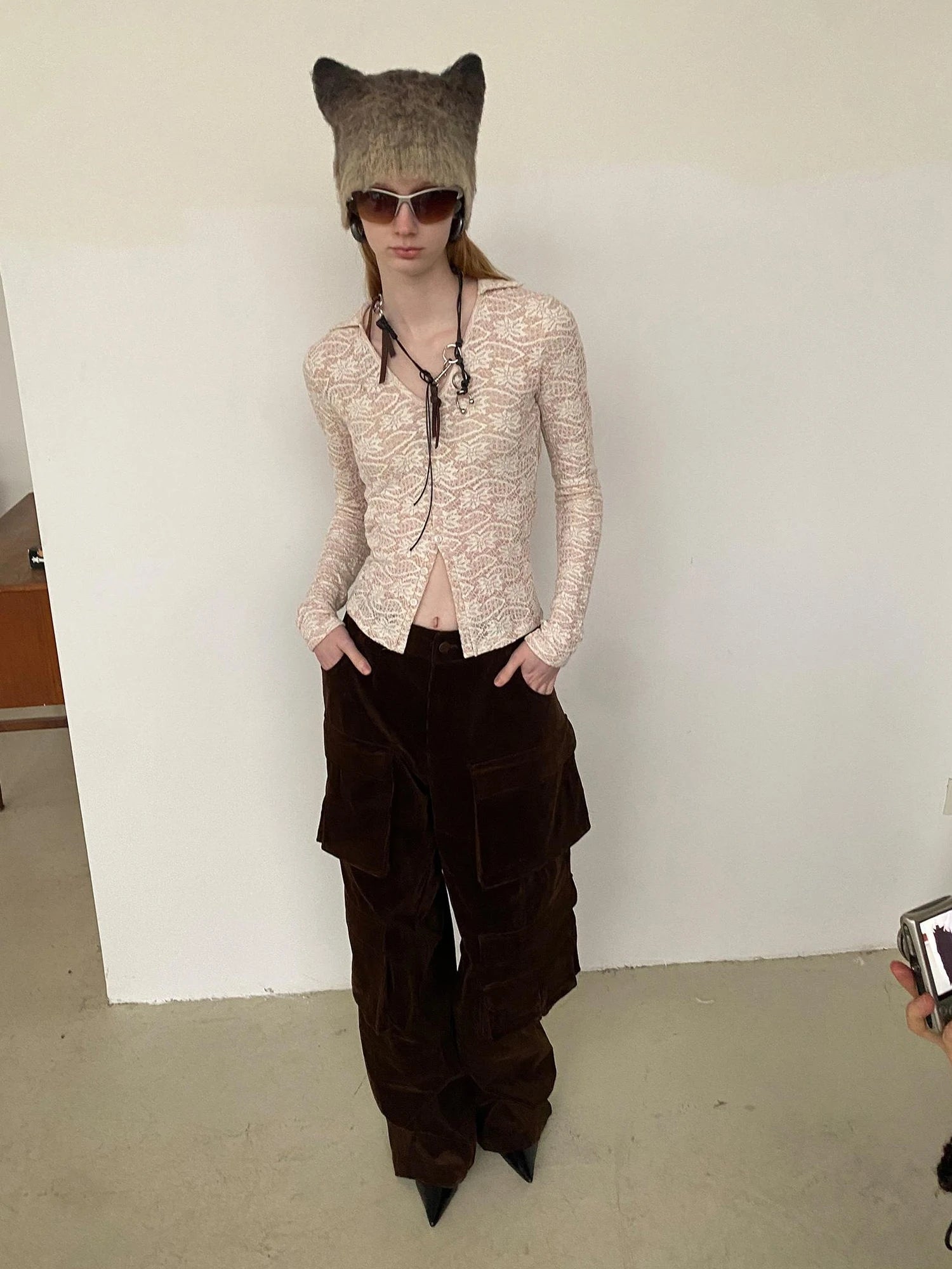 Lace V-Neck Rib Knit Crop Top with Slit