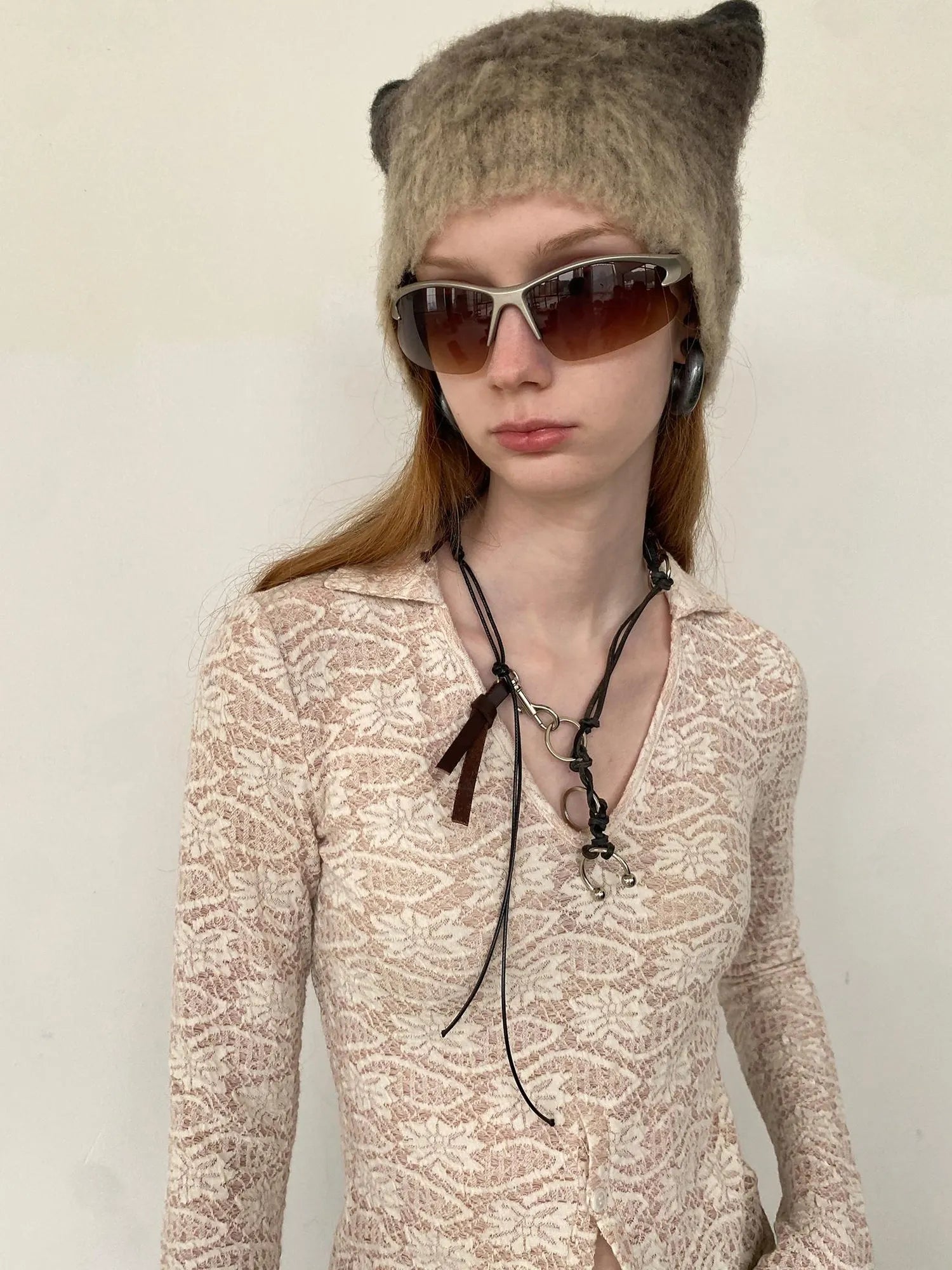 Lace V-Neck Rib Knit Crop Top with Slit