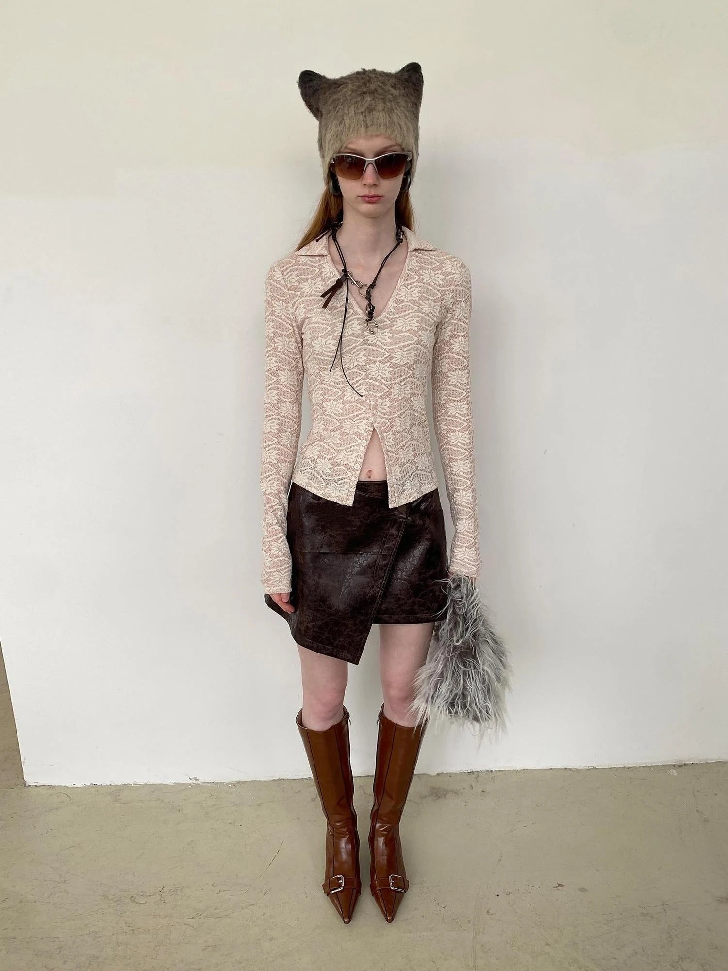 Lace V-Neck Rib Knit Crop Top with Slit