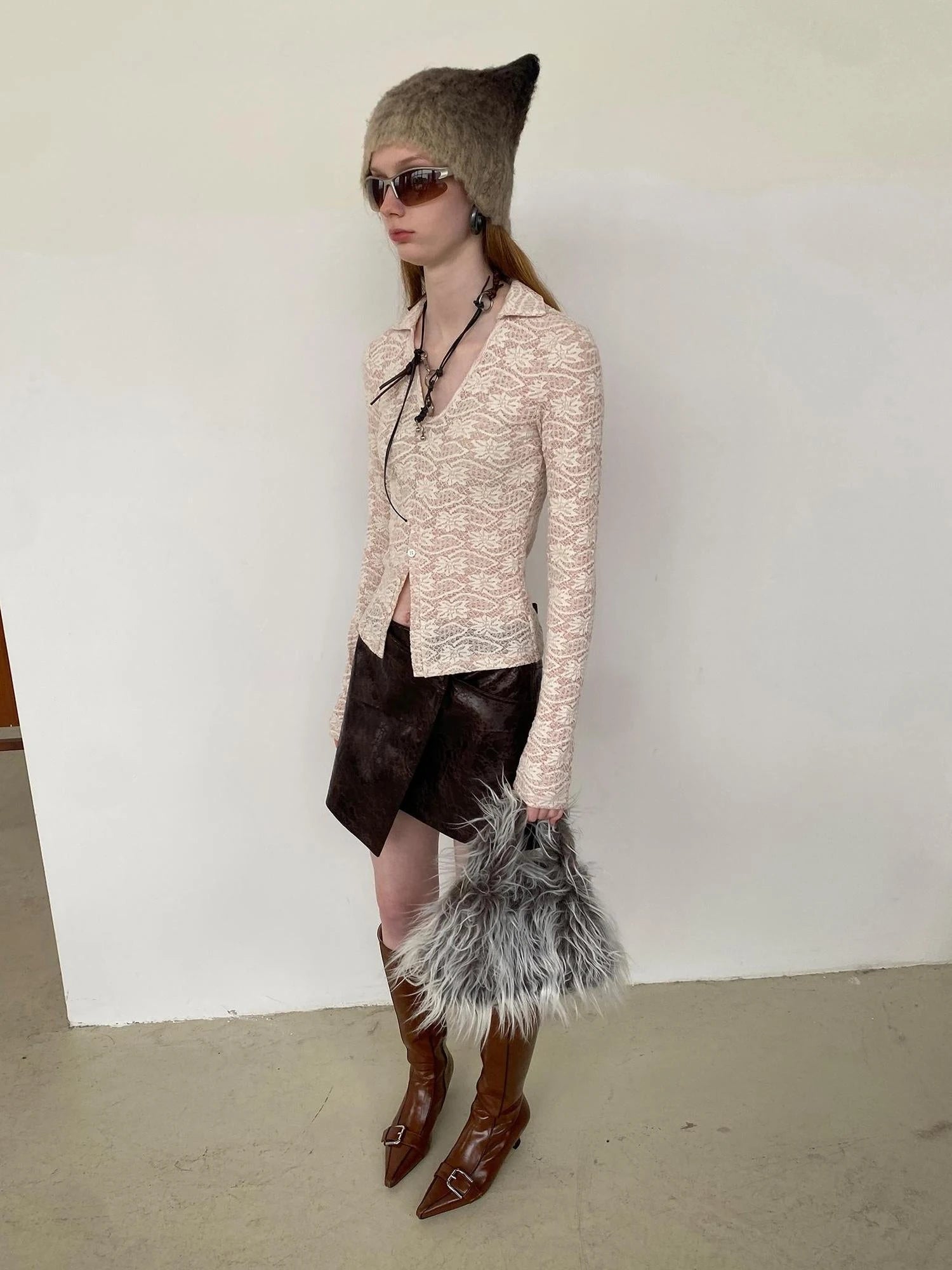 Lace V-Neck Rib Knit Crop Top with Slit