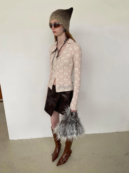 Lace V-Neck Rib Knit Crop Top with Slit