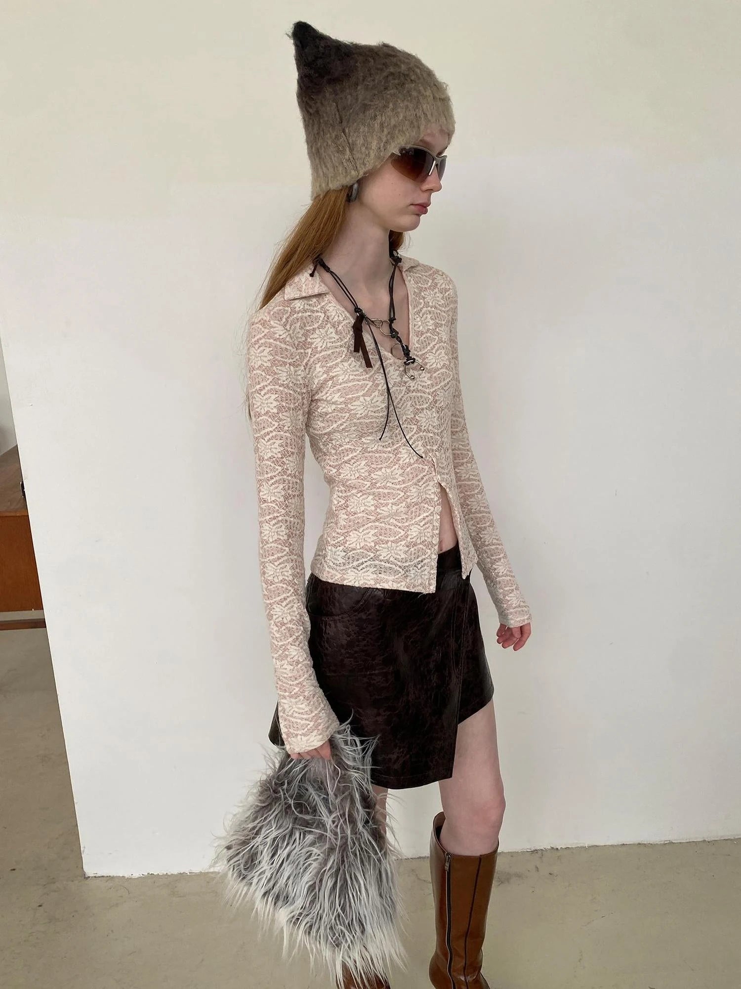 Lace V-Neck Rib Knit Crop Top with Slit