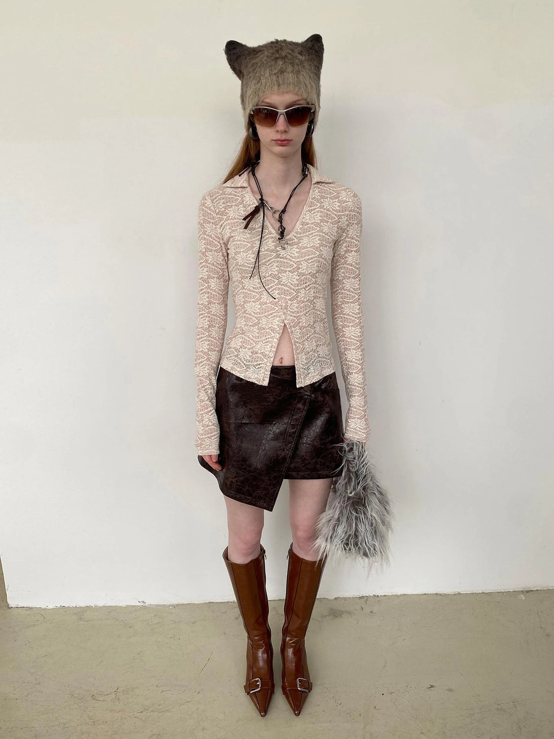 Lace V-Neck Rib Knit Crop Top with Slit