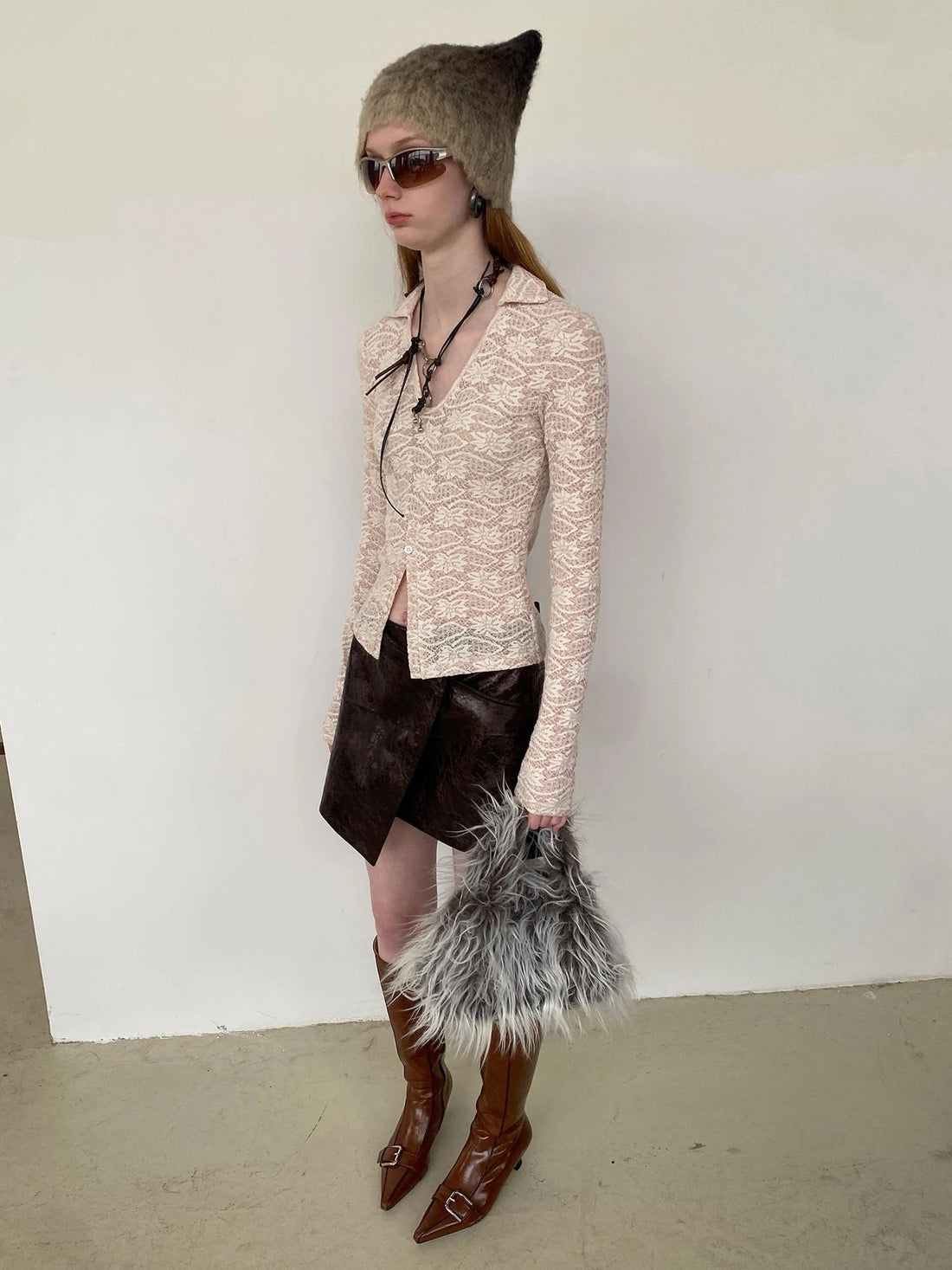 Lace V-Neck Rib Knit Crop Top with Slit